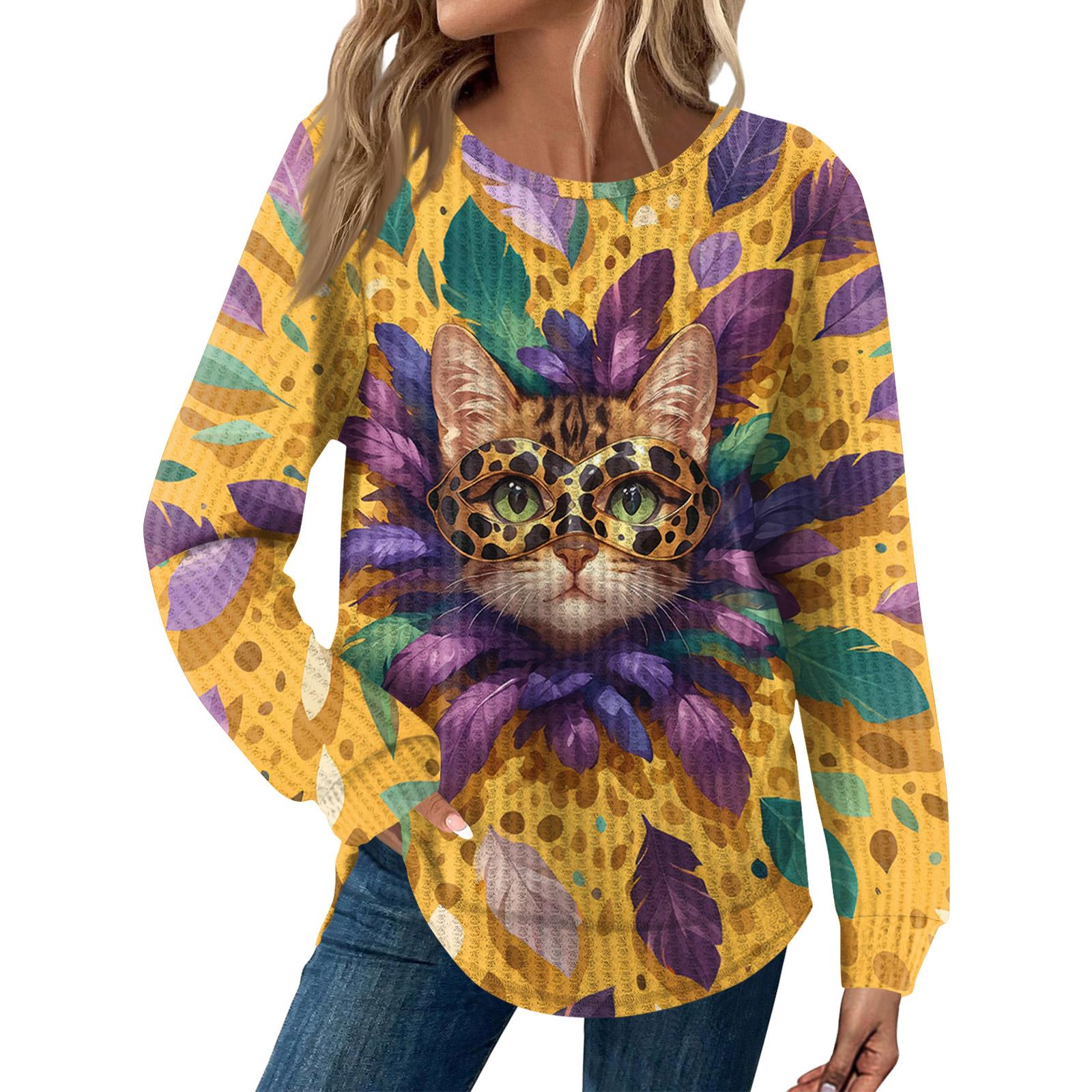 

Женская мода Свободный топ с длинным рукавом и карнавальным принтом, с круглым вырезом, повседневный XL жёлтый