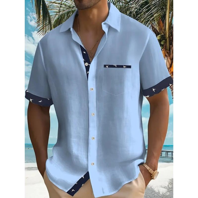 Men Solid Light Blue Short Sleeve Button Down Shirt With Bird Print Trim S синий