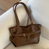 Yogodlns or Daily Commute Shopping Minimalist Vintage Glossy Tote Bag Belt Detail Large Capacity Zipper PU Water Resistant Shoulder Bag