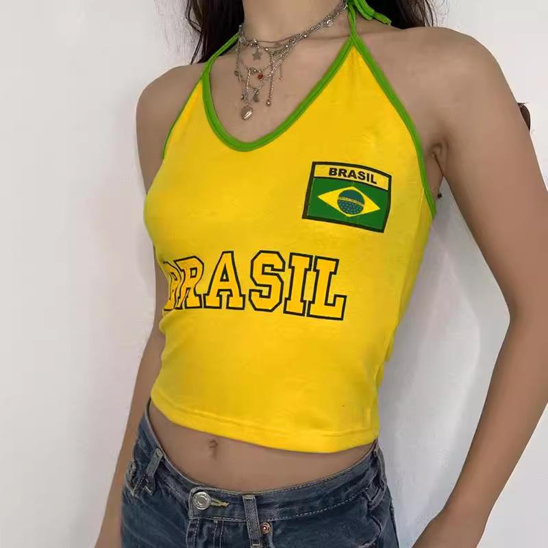 

Европейский и американский жилет на подтяжках с буквенным принтом Y2K, желтый топ, облегающая женская одежда на улице M