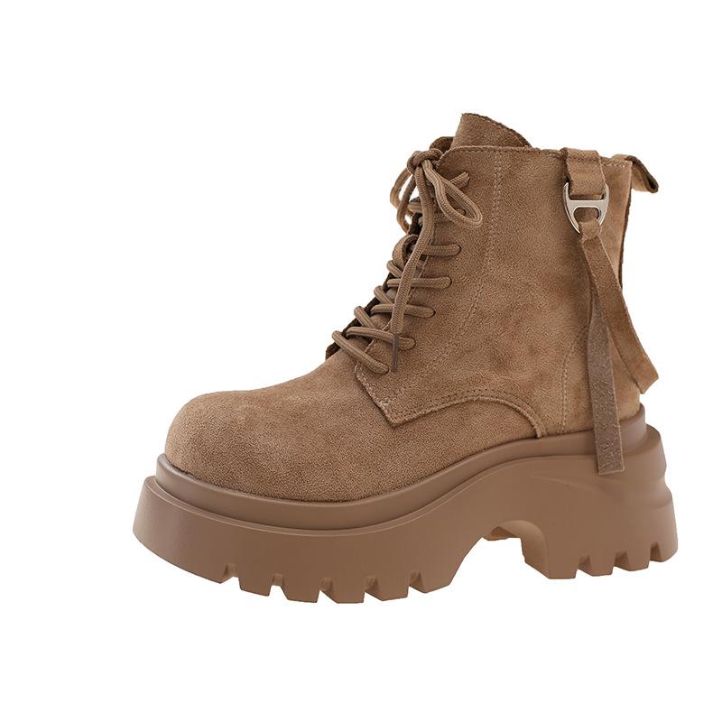 Retro Thick-soled Heightening Martin Boots for Women's 2025 Autumn New Fashionable Maillard Slim Short Boots Lace-up Rhubarb Boots