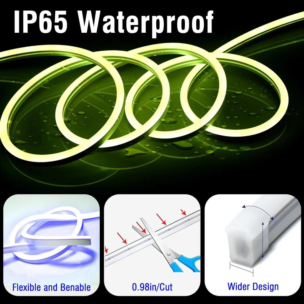 12V RGB Neon LED Strip Light Waterproof Flexible Silicone Tape with Bluetooth APP & 48-Key Remote for Home Christmas Party Decoration