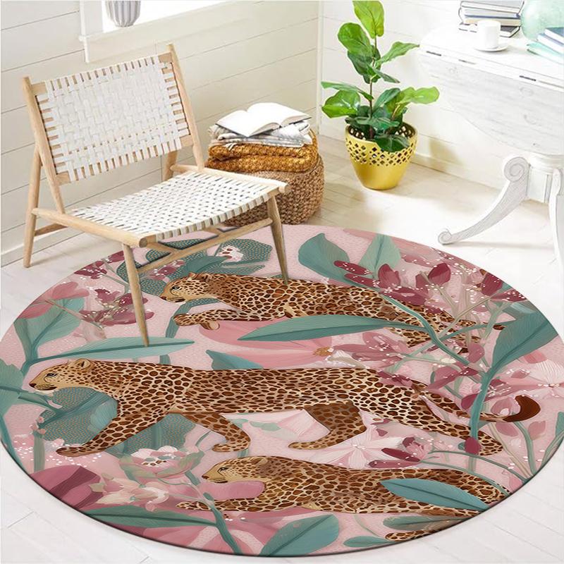 Roses and Tigers, Leopards Round Area Rug,Carpet Rug for Living Room Bedroom Sofa Playroom Decor,Non-slip Floor Mat