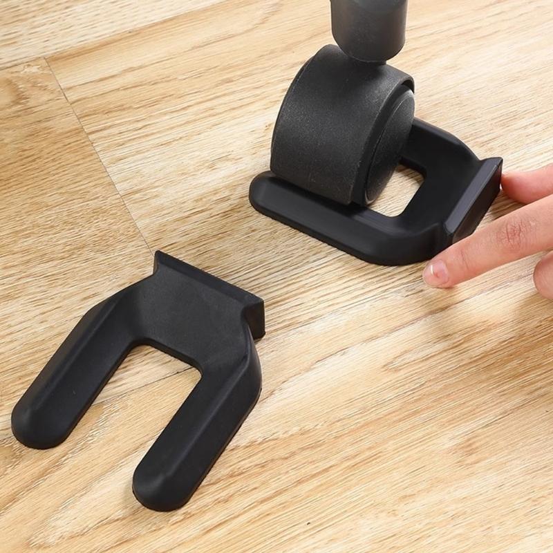 Wheel Chock Set for Rolling Furniture, Black Rubber 4 Unit Wheel Support with U-Shaped Guide for Indoor Placement