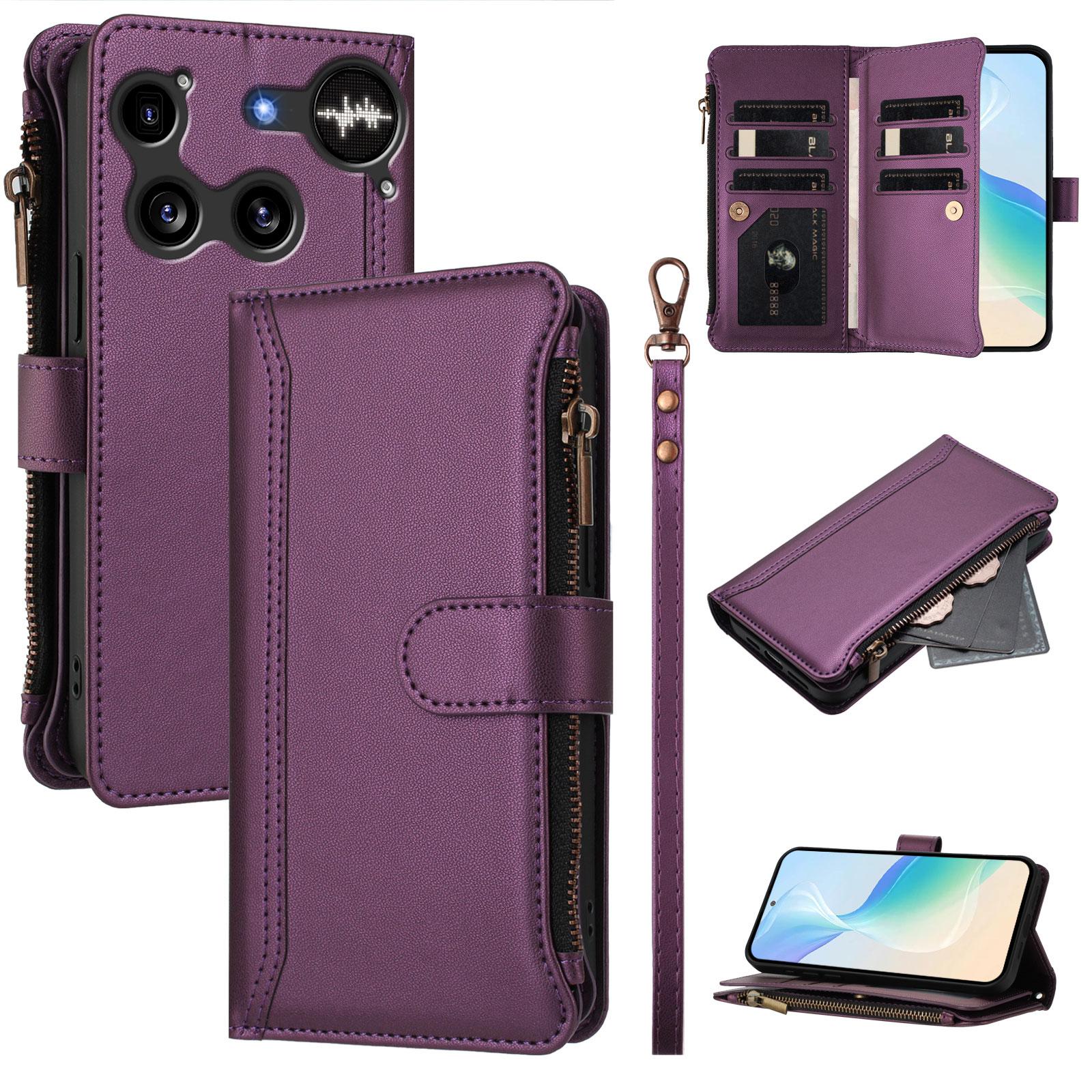 

For Nothing Phone (3) 5G Leather Case 9 Card Slots Zipper Wallet Stand Phone Cover with Wrist Strap Purple