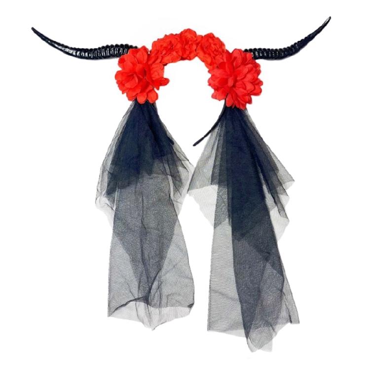 Halloween Hairhoop with Antelope Horn Dark Series Flower Headband with Veil Theme Party Headwear Festival Props Hairband