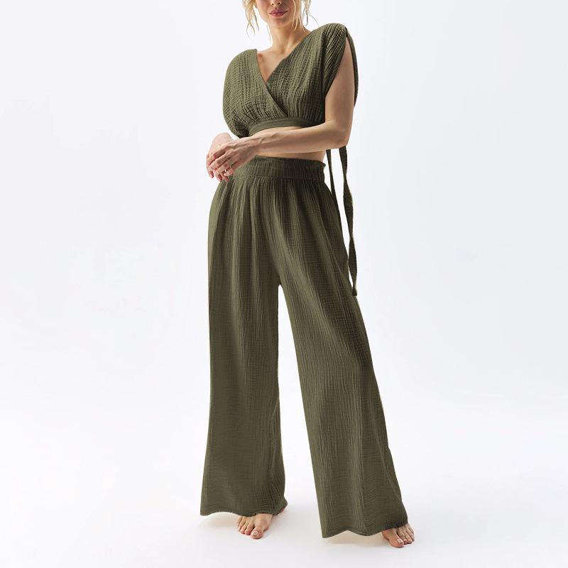 High-Waisted Wide-Leg Cotton Gauze Trousers with Loose Edge Design for Women