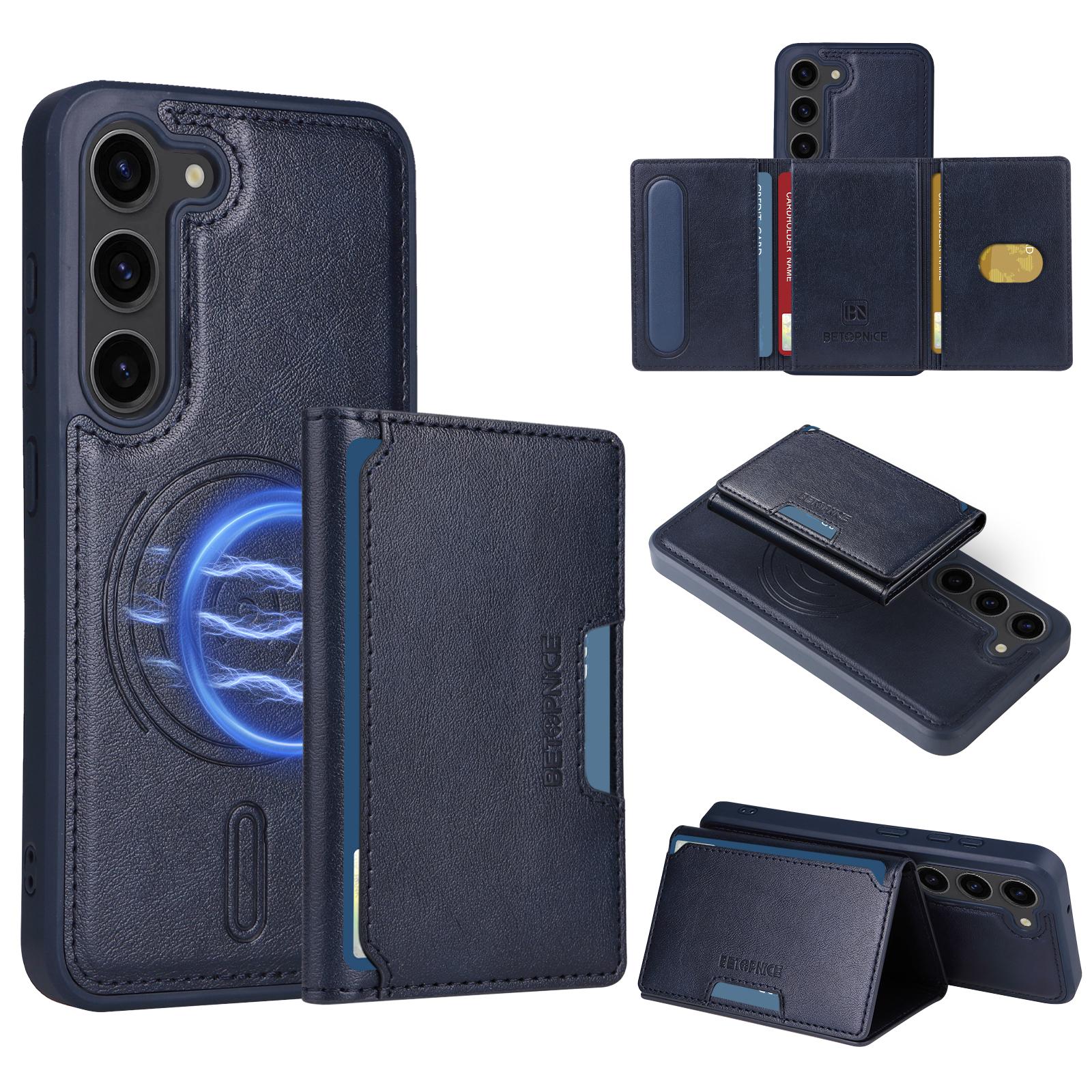

For Samsung Galaxy S23 Magnetic Case BETOPNICE Leather Phone Cover Kickstand with Detachable Card Bag Blue