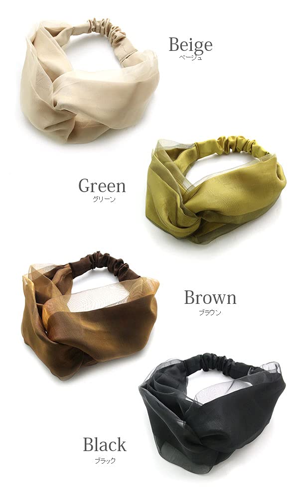 VINGTAINE Organza Satin Cross Turban Sheer and Headband, Elegant, HB-115-BK