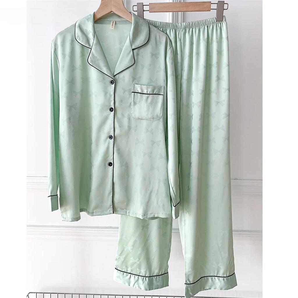 Pink Pajamas Set Bow Print 2Piece Set Women Rayon Homewear Long Sleeve Trousers Suit Lapel Loungewear Nightwear Casual Outfit