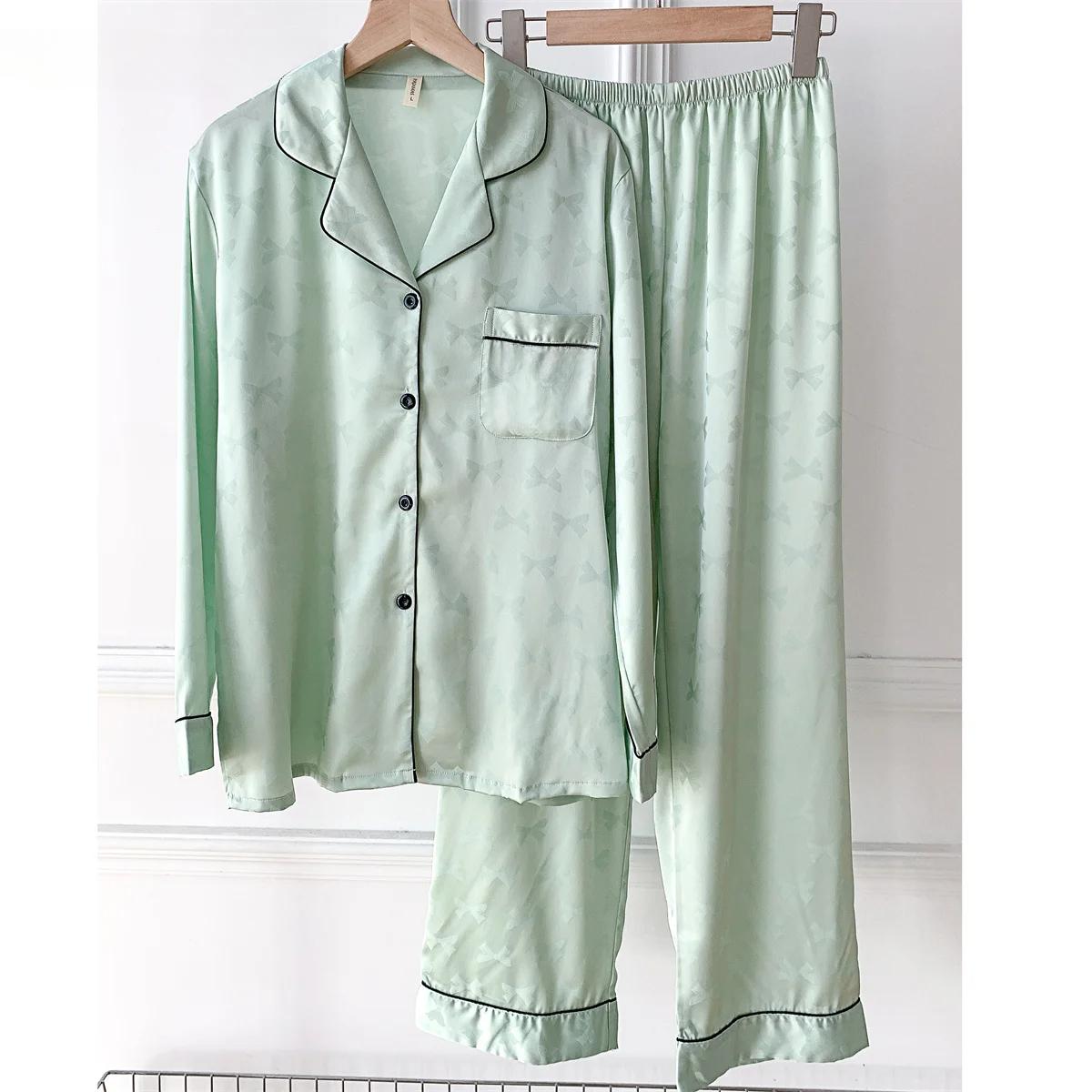 

Розовый пижамный комплект с принтом банта, комплект из 2 предметов, женская домашняя одежда из вискозы, брюки с длинным рукавом, домашний костюм с лацканами, ночная одежда, повседневный наряд XL зелёный