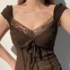 Brown Lace Crop Top Y2k Bow Square Collar Summer Short Sleeve T Shirt Women Harajuku Vintage Cute Tee Korean Fairycore