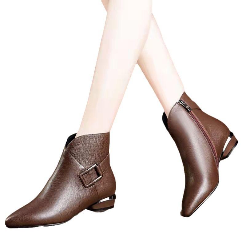 New Fashion Pointed Thick Heel Short Boots Women's Low Heel Belt Buckle Fashion Boots
