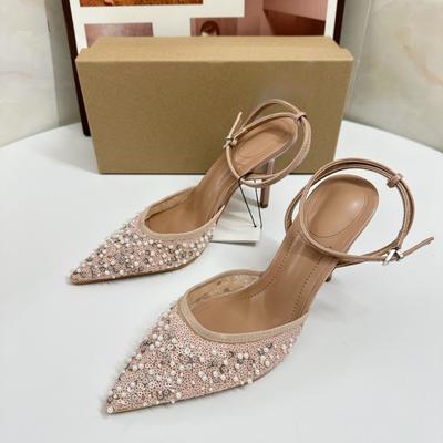 Glänzende Netz-Slingback-High Heels Damen Party-Hochzeitsschuhe Pailletten Perlen Spitze Stiletto Elegant Damen-Kleidspumps