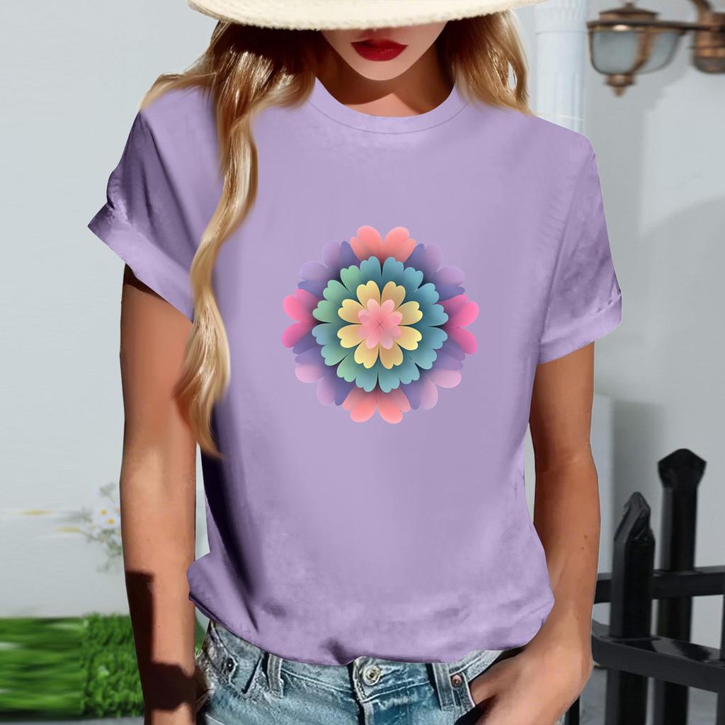 Women's Fashionable Round Neck Casual Retro Print Short Sleeved T-shirt Top