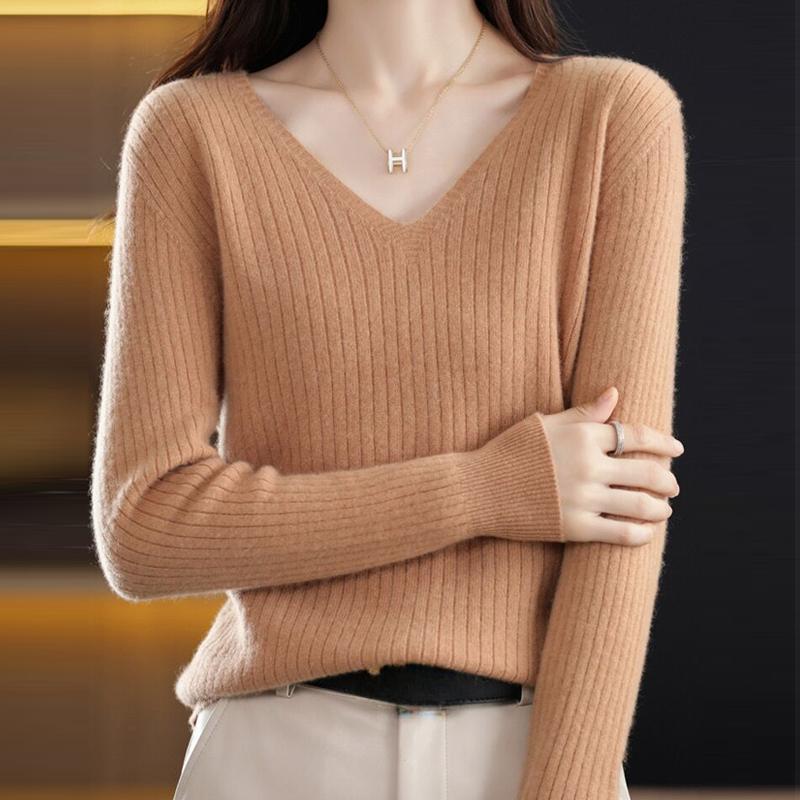 Slim Fit Dámské Pulovry Svetry Spodní topy Podzim a Zima Nový Pletený svetr s výstřihem do V Dlouhý rukáv Jednobarevné Pleteniny Oblečení 28502