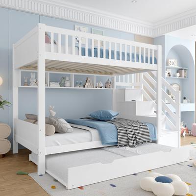 Bunk Bed for Children 90x200, Loft Bed with Pull-out Bed, Wardrobe, Storage Ladder, Shelf, Slatted Frame, Pine Wood, White (without Mattress)