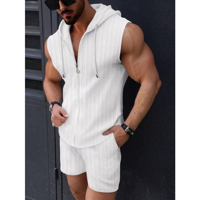 Mens Sleeveless Hooded Zip Up Tank Top And Shorts 2 Piece Casual Set S