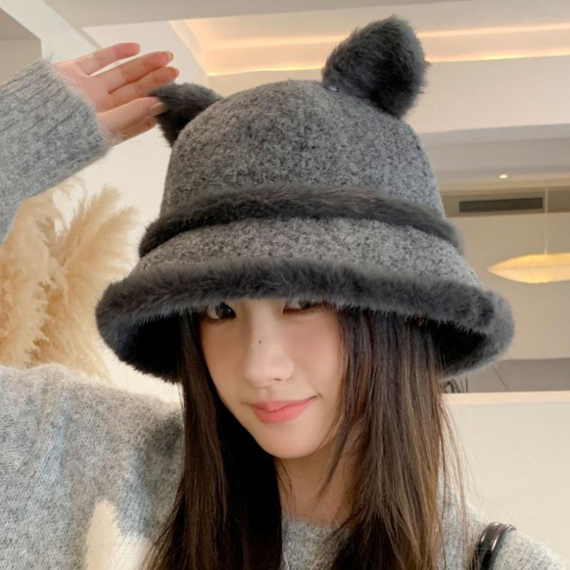 Autumn and Winter Hat Women's High-end Bucket Hat Versatile Plush Basin Hat Cat Ears Cute Warm Plush Hat
