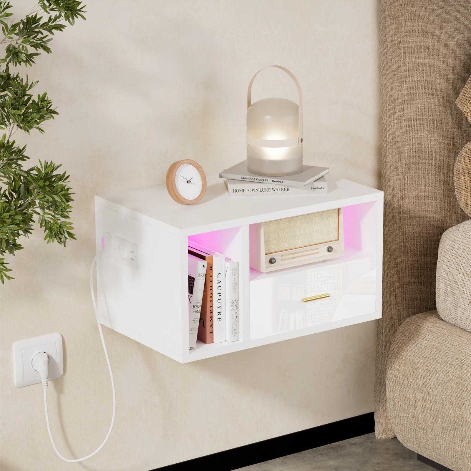 Drevený nočný stolík na stenu Biela nabíjacia stanica 1AC+2USB EÚ zástrčka LED pásik 1 zásuvka Plávajúci model Do spálne GERMANY červená