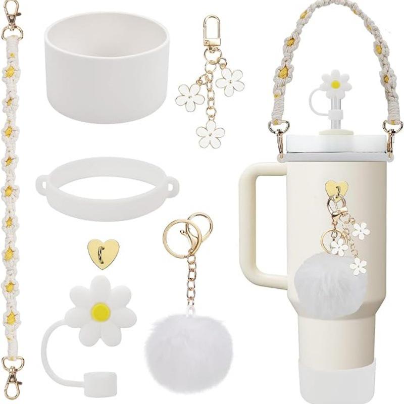 Straw Cap Silicone Insulated Cup Sleeve with Handheld Rope & Flower Pompon Pendant Set