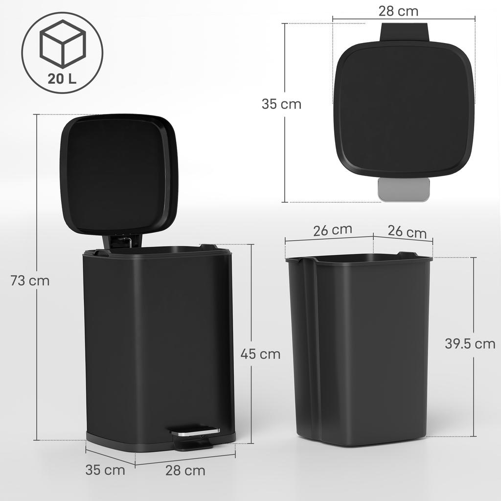 20L Modern Boxy Metal Home Kitchen Bin Black