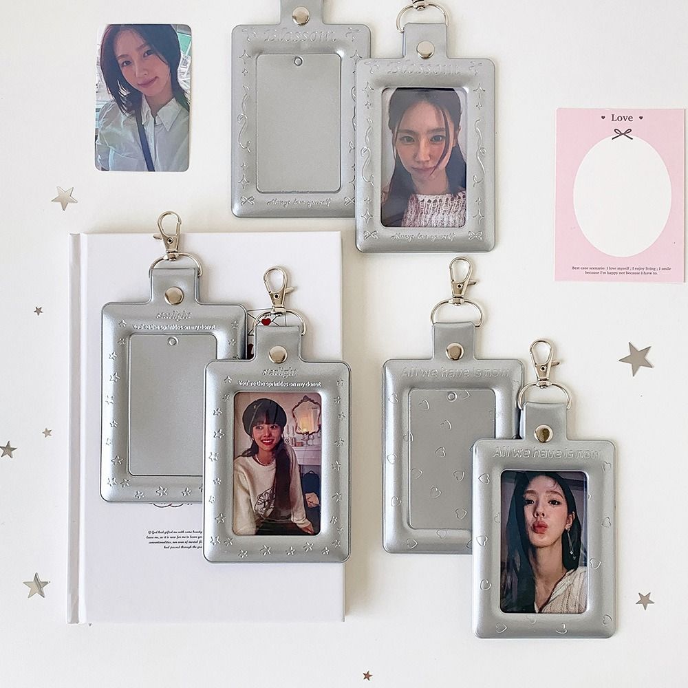 Multifunctional PVC Photo Card Case Silver With Keychain Idol Card Display Holder 3 Inch Card Protective Cover
