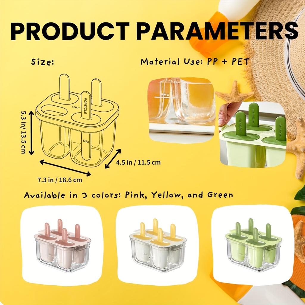 1 st Lättsläppt Glassform-4 Läcksäkra Formar för Juice/Frukt. BPA-fri, transparent, släpp med varmt vatten. Verktyg för hemgjord glass