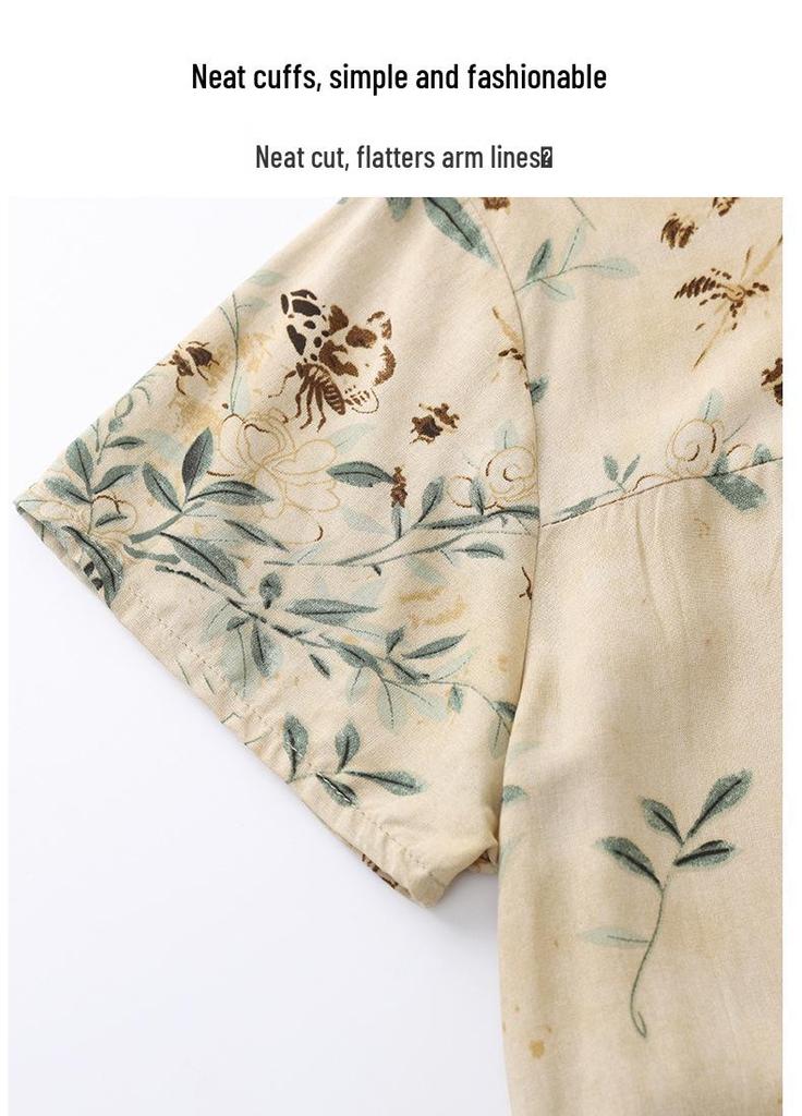 Women's Floral Print Cotton Silk Knee-Length Dress - Plus Size, Short Sleeve, Lightweight & Loose for Middle-Aged & Elderly