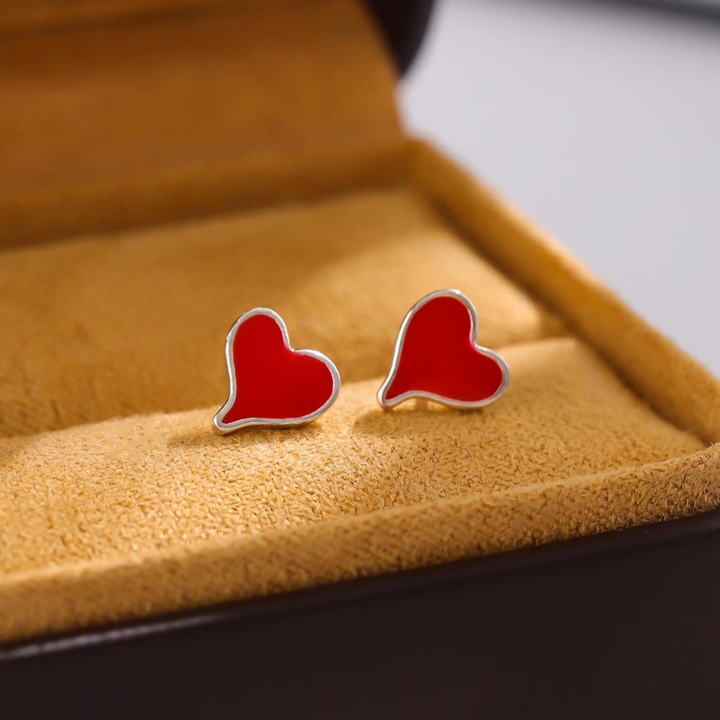 Heart-Shaped Red Epoxy Stud Earrings for Women