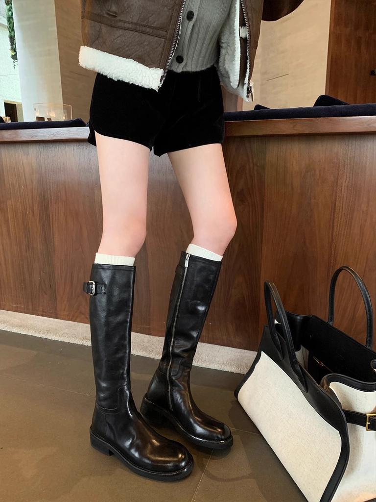 Grape mother has the same washed horse leather, European and American round head belt buckle, thick-soled medium and high knight boots, women's knee b