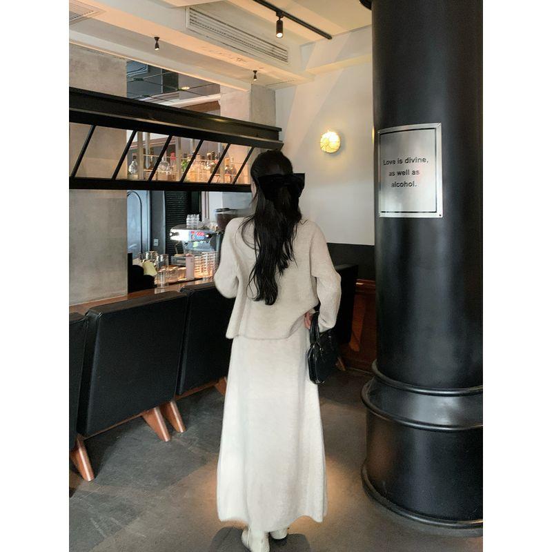 Kumikumi Sweet Style Suit Bows Contrast Color Knitwear Women's Autumn Apricot Drape Skirt Two-piece Set