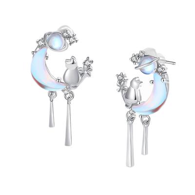 Earrings Cat Motif Stone Zirconia Decoration Platinum Finish 925 Silver Material Metal Allergy Compatible Day Gift "Silver Thunder" Women's