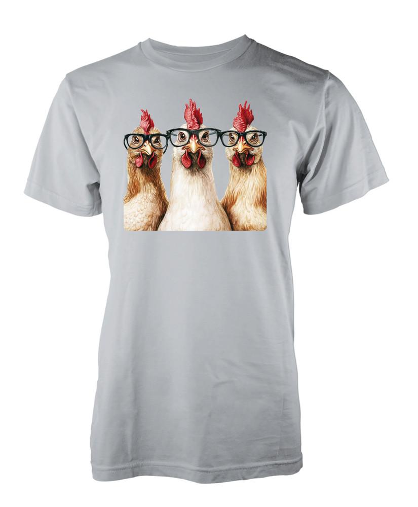 

Funny Chickens Dancing Wearing Glasses Novelty Gift Unique Tshirt Adult and Kids L