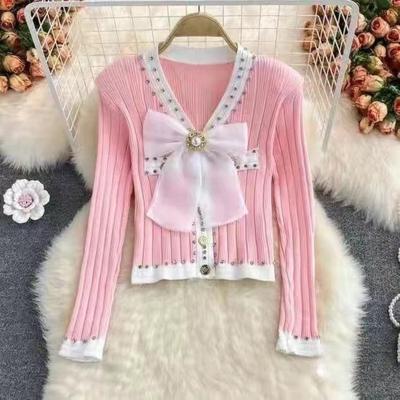 Suéter Tricotado Feminino Manga Longa Gola V Luxo Bordado com Diamantes Laço Cardigans de Botão Único Tops