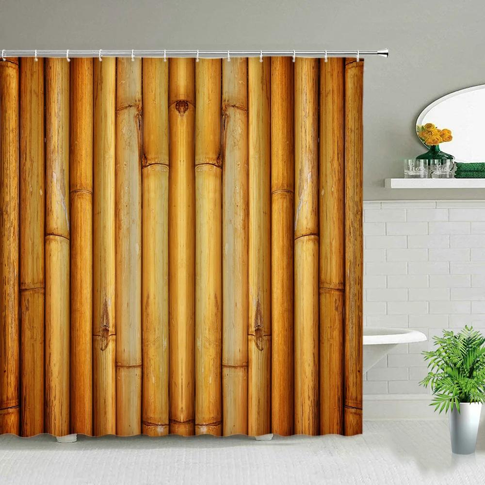 Yellow Green Bamboo Lotus Shower Curtain Bathroom Curtains Plant Flower Natural Scenery Fabric Background Wall Decor Screen Hook