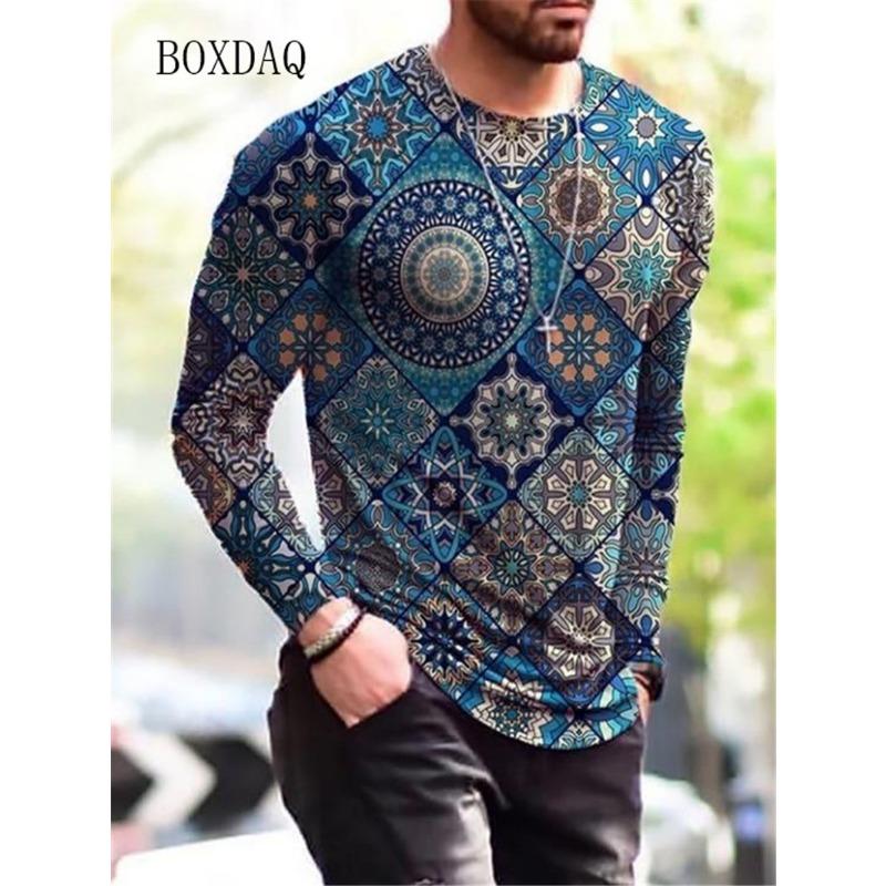Langarm T-Shirts für Herren im Vintage-Stil Frühling Herbst 3D-Druck Street Übergroße Oberteile 6XL Übergröße Locker Lässig Rundhals T-Shirt