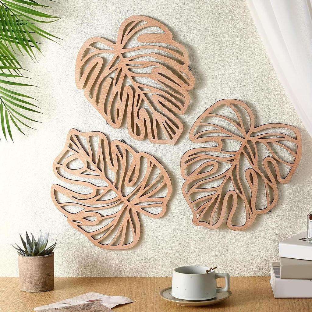 3 Pieces Palm Leaves Wood Art for Living Room And Garden