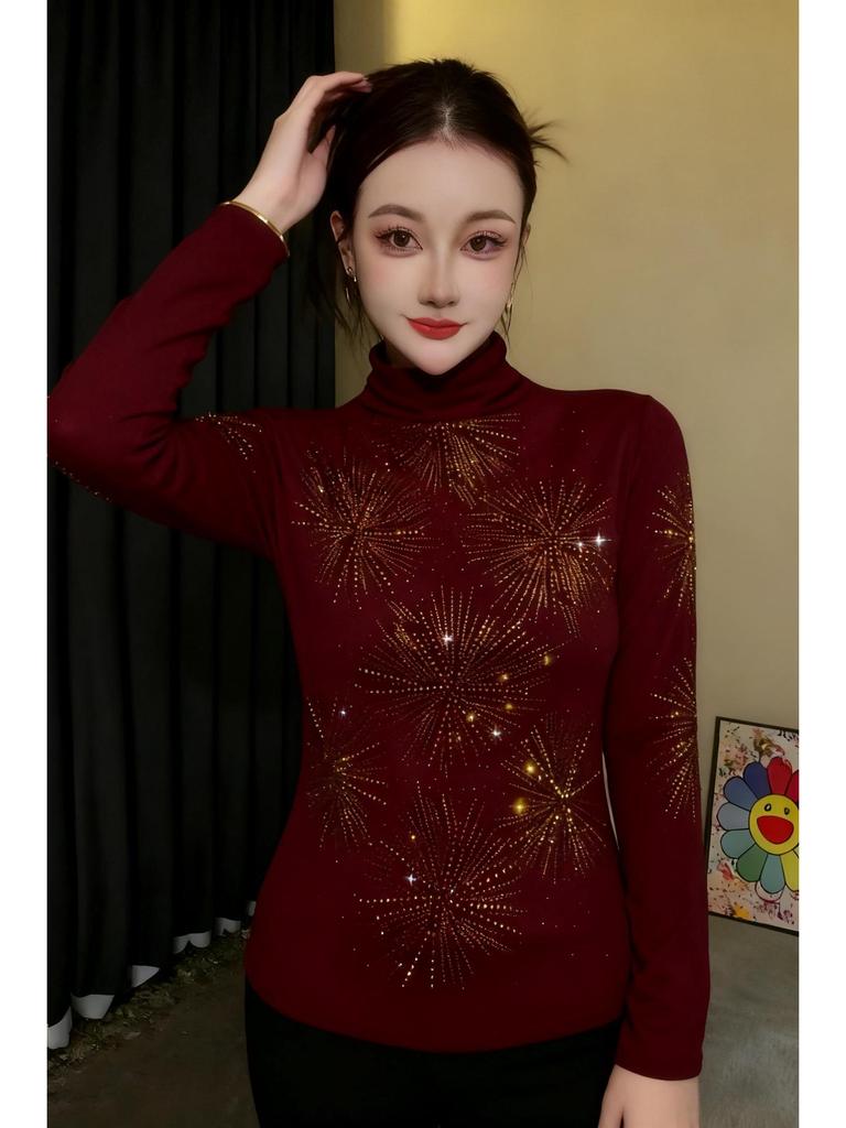 Top da Donna De Rong Autunno/Inverno con Strass, Manica Lunga, Scollo Semi-Alto