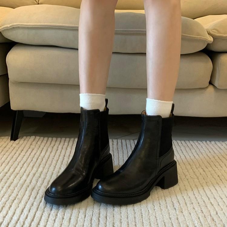 Washed Cowhide~ Elastic Skinny Boots Platform Chelsea Boots British High Heel Martin Boots Thick Heel Short Boots Women