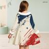 Girls White High Neck Long Sleeve Printed A Line Flared Dress With Bow Fur Trim