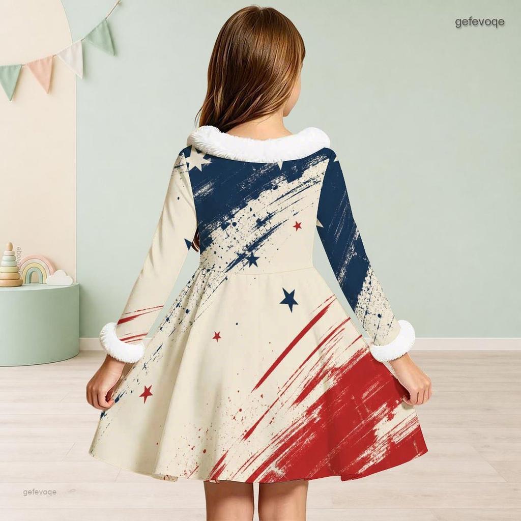 Girls White High Neck Long Sleeve Printed A Line Flared Dress With Bow Fur Trim