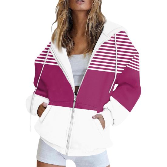 Women Fall Winter Hoodie Jacket Zipper Closure Loose Casual Striped Coat with Pockets Drawstring Hooded Long Sleeves Top