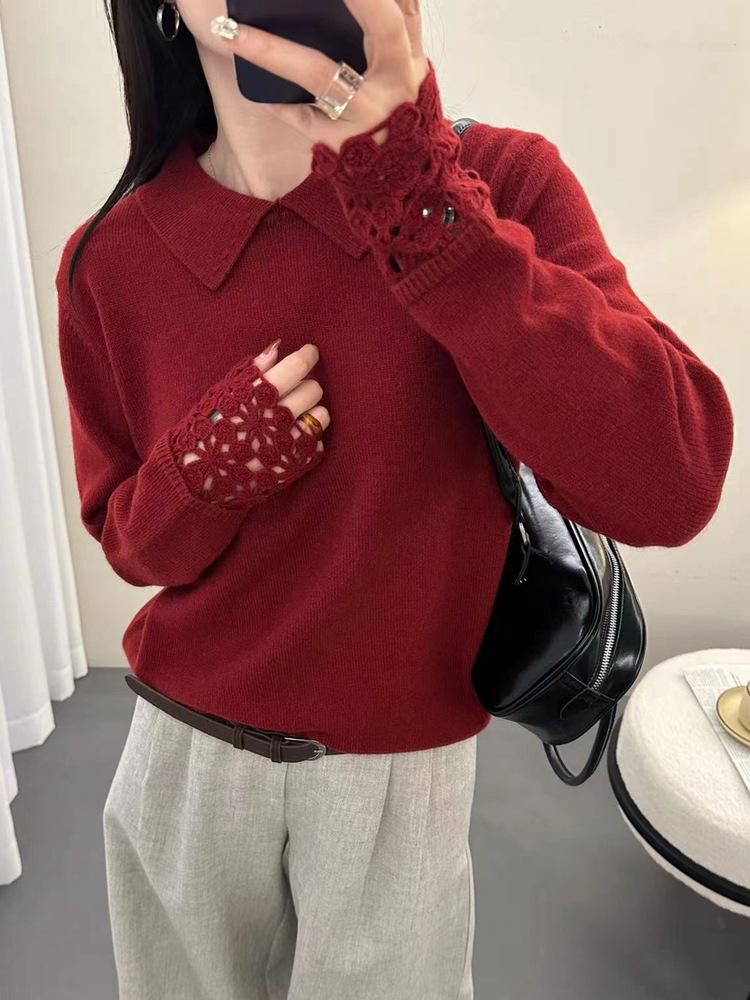 Women's French High-End Crochet Polo Collar Knitwear: Stylish Hollow-Out Lapel Sweater