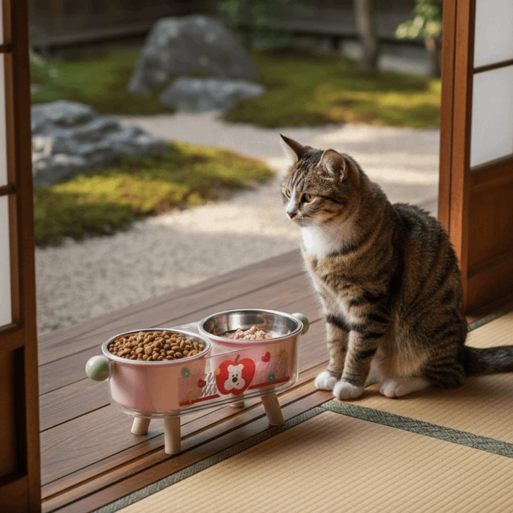 Stainless Steel Elevated Cat Bowl Double Bowls Anti-Tipping Neck Protection Bowl Cute Non-Slip Pet Food Bowl For Cats Dogs