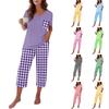 Women Casual Printed Short Sleeve Loose Fit V Neck T Shirt with Capri Pants Two Piece Lounge Set for Home Wear