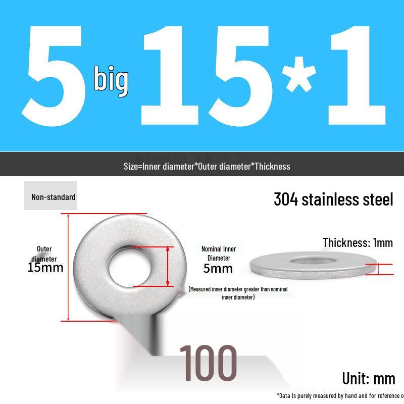 304 Stainless Steel Thickened Flat Washer Ring - Various Sizes (M1.6-M22)