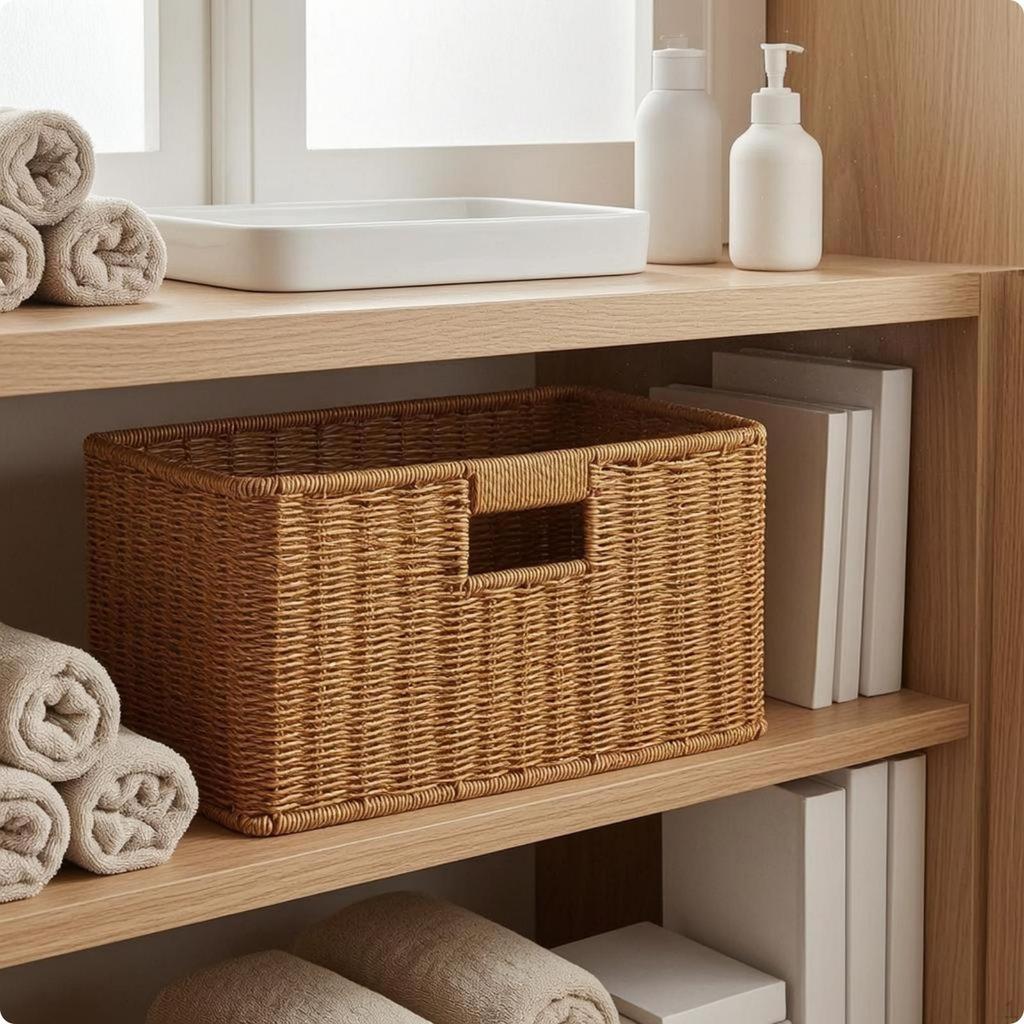 Rectangular Woven Basket Light Brown Container Reinforced rimed for Home Organization