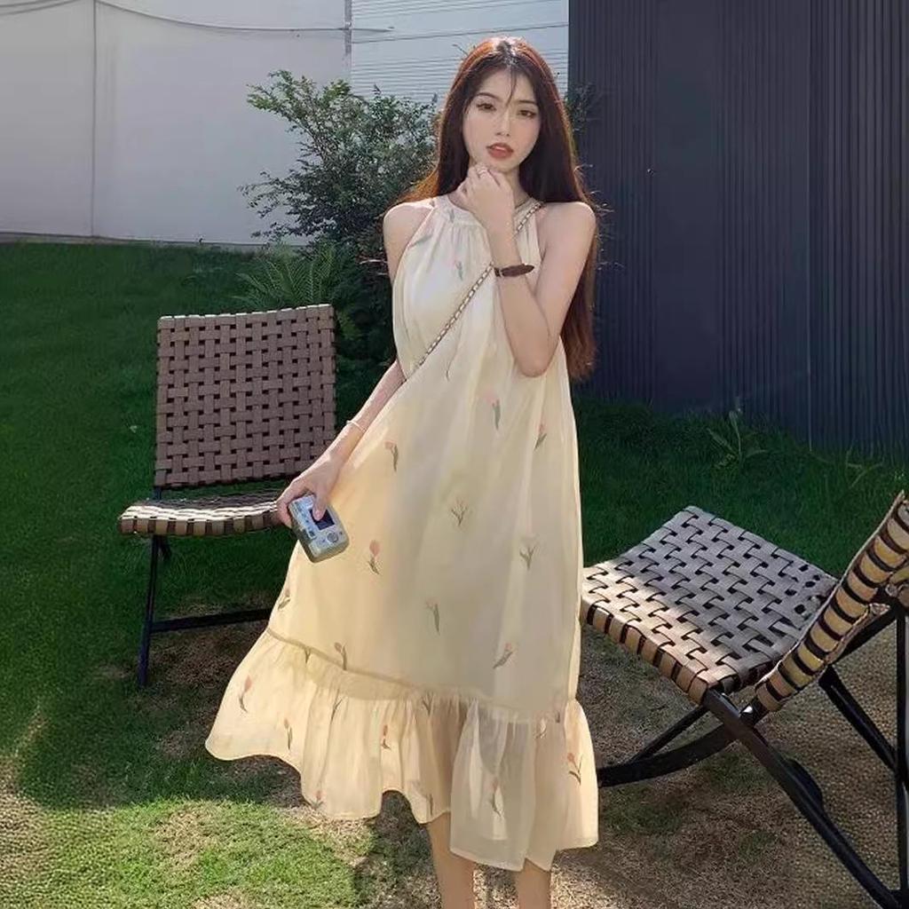 Summer Floral Off-Shoulder Halter Midi Dress - Elegant & Slimming Beachwear for Women