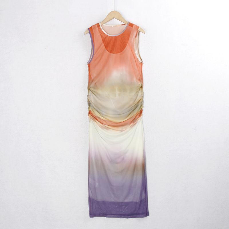 

1160 Mesh Long dress Summer round Neck Double Layer Fashion Tie-dye Sheath Slimming Sleeveless Stretch Yarn Skirt Women Foreign Trade